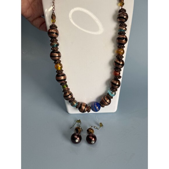 Copper Blue Green Orange Venetian Glass Beaded Necklace & Earrings Set - Picture 1 of 10